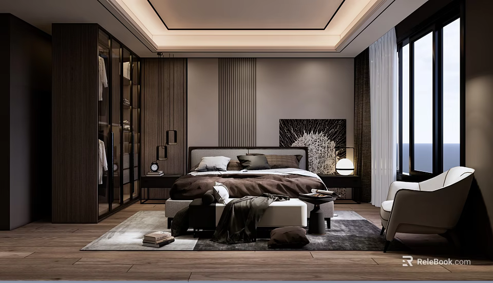Modern Bedroom Interior With Large Bed Dark Wooden Wardrobe Floor to Ceiling Window And Rug 3d model 