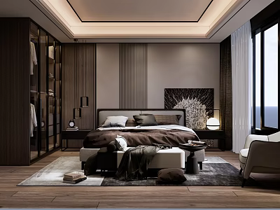Modern Bedroom Interior With Large Bed Dark Wooden Wardrobe Floor to Ceiling Window And Rug 3d model