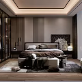 Modern Bedroom Interior With Large Bed Dark Wooden Wardrobe Floor to Ceiling Window And Rug