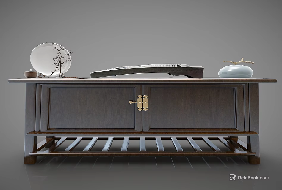 Dark Wooden TV Stand with Brass Hardware Double Doors Slatted Base and Decorative Pieces 3d model 
