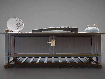 Dark Wooden TV Stand with Brass Hardware Double Doors Slatted Base and Decorative Pieces 3d model