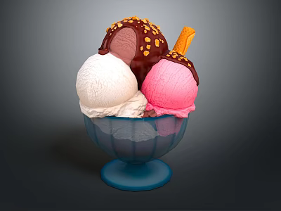 Three Scoops Ice Cream In Blue Bowl With Chocolate Sauce Nuts And Cookie Stick 3d model