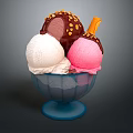 Three Scoops Ice Cream In Blue Bowl With Chocolate Sauce Nuts And Cookie Stick