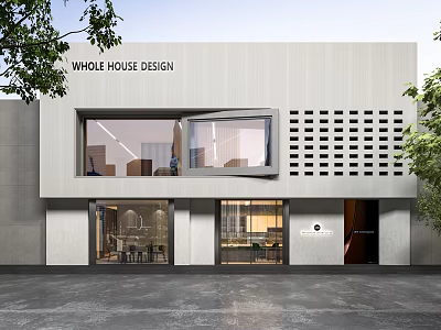 Modern Whole House Design Storefront with Glass Windows Perforated Panels and Exterior Entrance 3d model