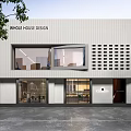 Modern Whole House Design Storefront with Glass Windows Perforated Panels and Exterior Entrance