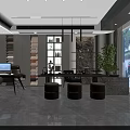 Modern Office Space Interior With Desk Computer Bookshelves Marble Counter Stools And Green Plant