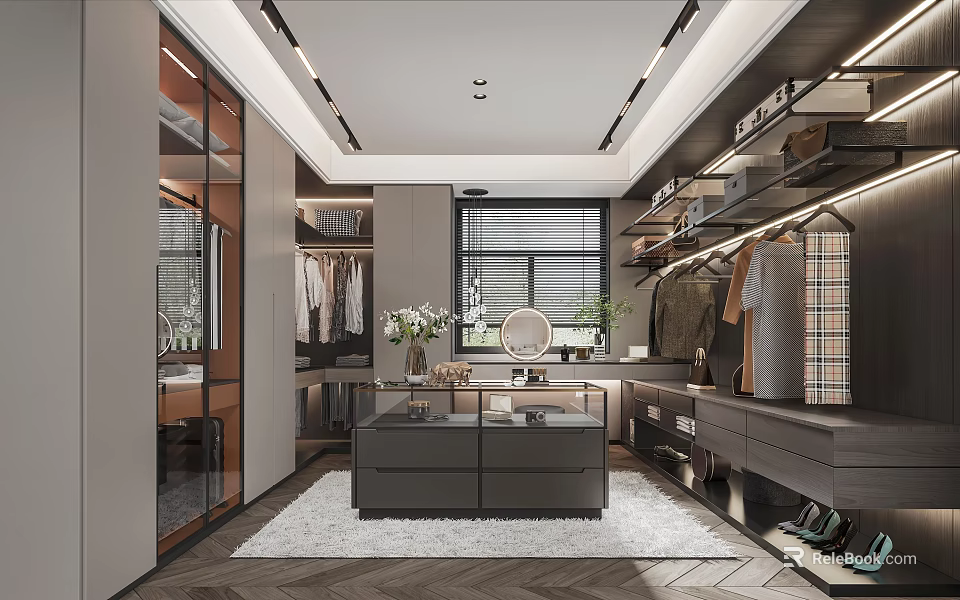 Modern Walk in Closet Interior With Wardrobe Mirror Flowers And Rug 3d model 