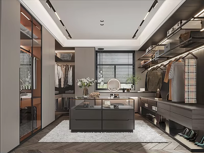 Modern Walk in Closet Interior With Wardrobe Mirror Flowers And Rug 3d model
