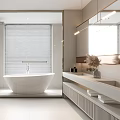 Modern Bathroom Interior Design With Freestanding Bathtub Window Blinds And Vanity Mirror