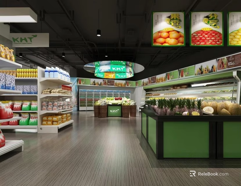 Spacious Supermarket Department Store with Shelves of Grocery Products Fresh Fruits Vegetables and Refrigerated Cases 3d model 