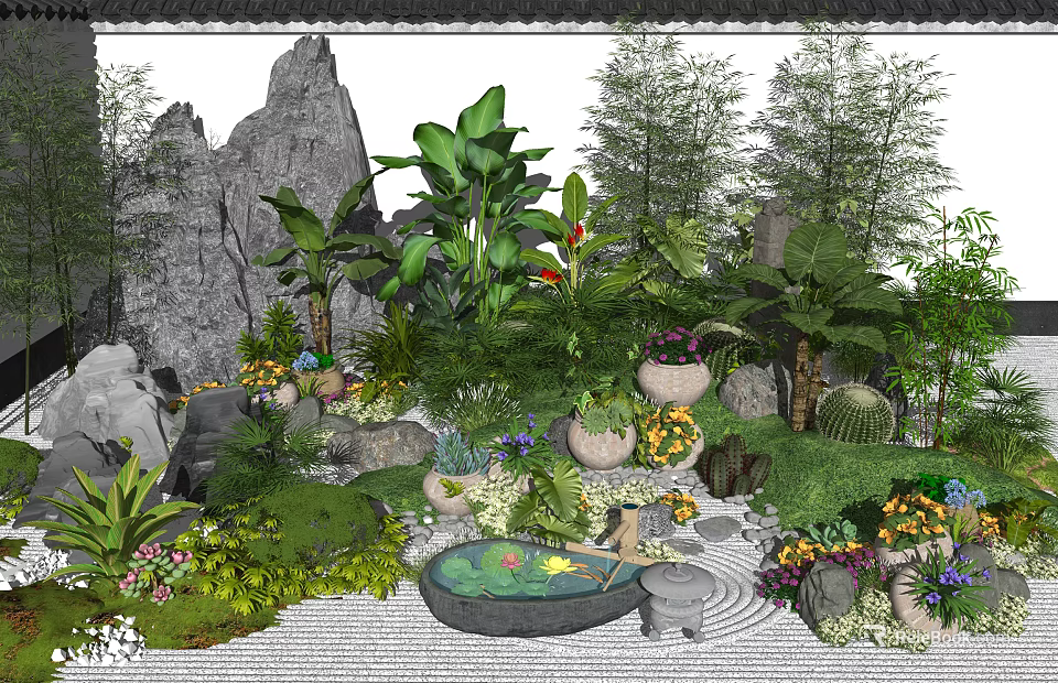 Lush Natural Courtyard Garden Design With Rock Formations Pond And Stone Path 3d model 