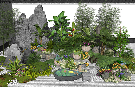 New Chinese style landscape sketch courtyard garden landscape sketch rockery stone flowers and shrubs 3d model