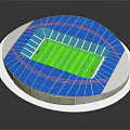 3D Designed Stadium With Blue Roof Structure And Green Football Field Stands