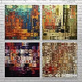 Colorful Abstract Modern Oil Paintings With Rich Texture On Gray Brick Wall And Floor
