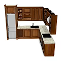 Dark Wood Kitchen Cabinets With L Shaped Design White Countertop And Stainless Steel Appliances