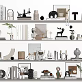 Decorative Ornament Set on Multi Layered Shelves with Books Vases Sculptures and Green Plants