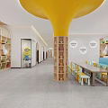 Modern Kindergarten Interior Design With Yellow Pillar Wooden Shelves And Toys