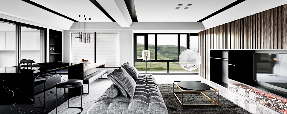 Modern Living Dining Room With Gray Tufted Sofa Transparent Globe Chair Large Windows Mountain View 3d model 
