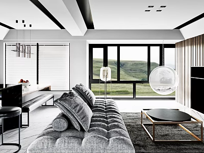 Modern Living Dining Room With Gray Tufted Sofa Transparent Globe Chair Large Windows Mountain View 3d model