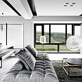 Modern Living Dining Room With Gray Tufted Sofa Transparent Globe Chair Large Windows Mountain View