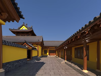 Traditional Chinese Ancient Architecture Courtyard With Yellow Walls Tile Roofs And Wooden Eaves 3d model