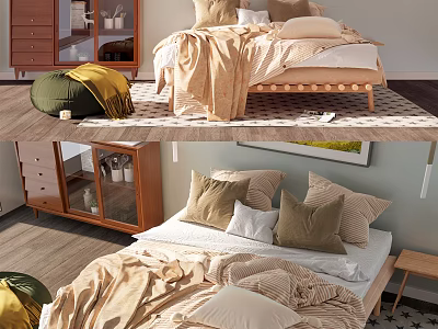 Cozy Modern Double Bed Setup With Soft Pillows Blankets Wooden Dresser And Side Table 3d model