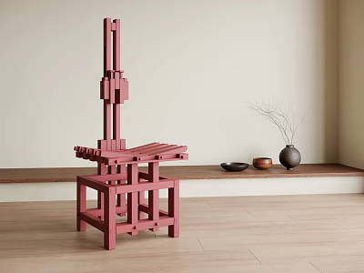 Red Wooden Leisure Chair with Modern Geometric Design in Light Interior and Decorative Vase 3d model