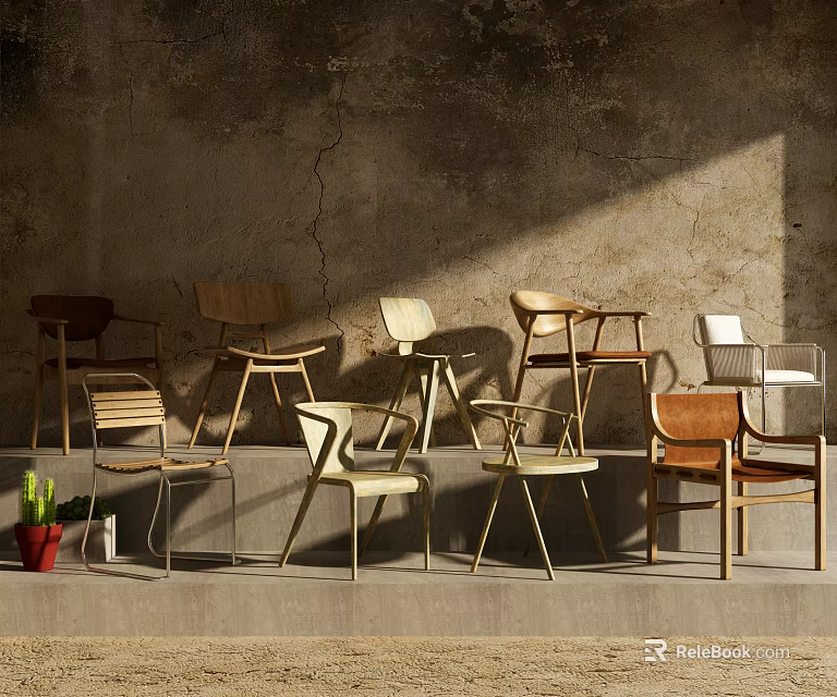 Various Modern Leisure Chairs With Wooden Metal Frames Against Textured Wall Background 3d model 