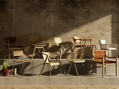 Various Modern Leisure Chairs With Wooden Metal Frames Against Textured Wall Background 3d model