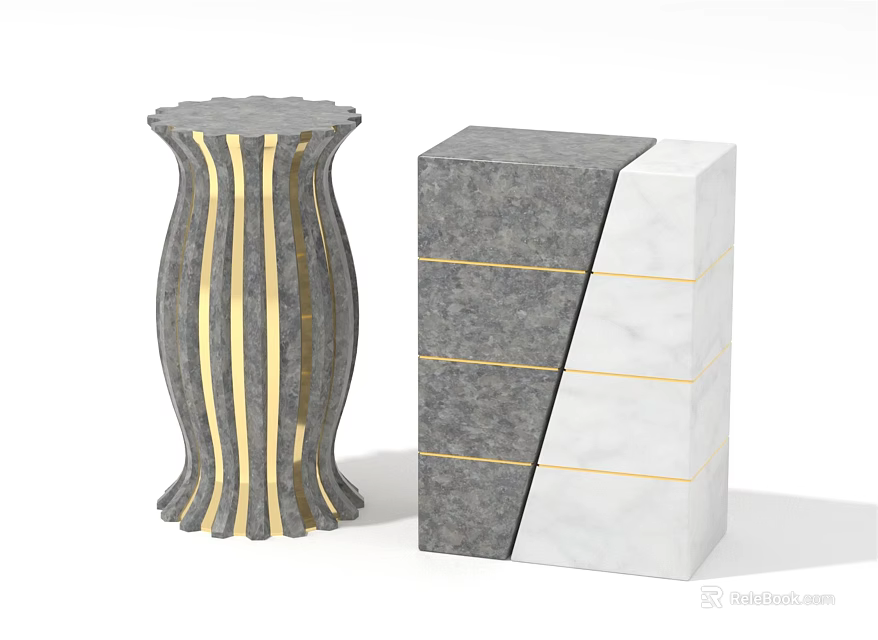 Modern Decorative Ornament Set With Gray White Marble Pedestal And Gold Stripes Block Design 3d model 