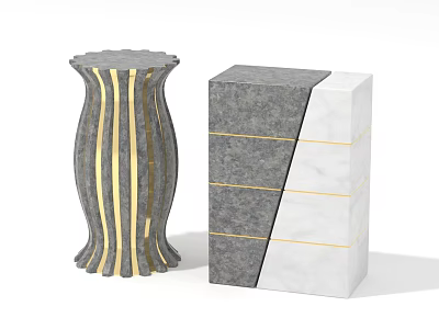 Modern Decorative Ornament Set With Gray White Marble Pedestal And Gold Stripes Block Design 3d model