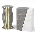 Modern Decorative Ornament Set With Gray White Marble Pedestal And Gold Stripes Block Design