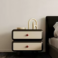 Black And White Bedside Table With Red Knobs And Decorative Object In Bedroom 3d model