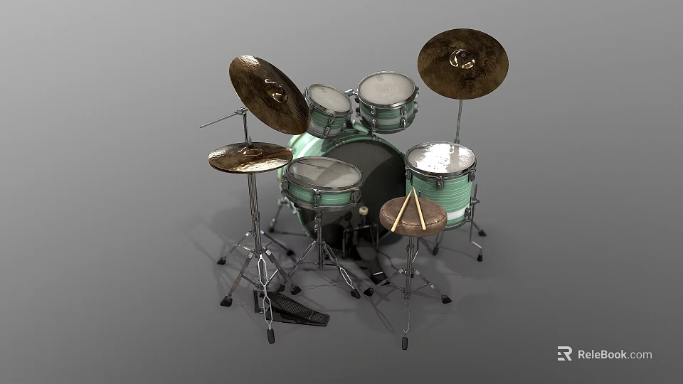 Complete Musical Instrument Drum Set With Drums Cymbals And Drumsticks 3d model 