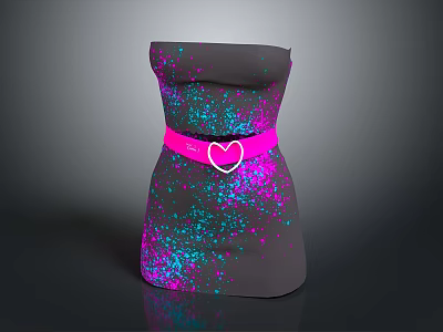 Gray Strapless Dress With Colorful Splatter Pattern And Pink Belt Featuring Heart Shaped Buckle 3d model