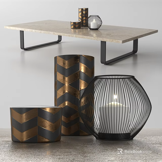 Rectangular Marble Top Dining Table With Black Metal Legs And Mesh Lantern Decor 3d model 