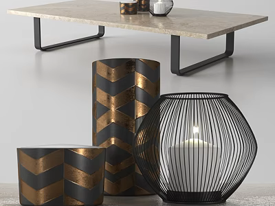 Rectangular Marble Top Dining Table With Black Metal Legs And Mesh Lantern Decor 3d model
