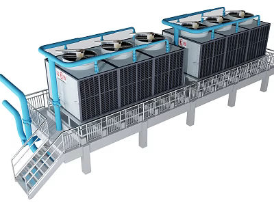 Large Industrial Air Conditioning Fans In Cooling Tower With Metal Structure Platform And Staircase 3d model