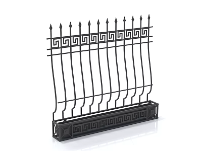 Black Wrought Iron Fence With Decorative Greek Key Pattern And Pointed Tops 3d model