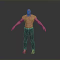 Muscular Shirtless Man Standing With Arms Outstretched Wearing Jeans And Sneakers On Grey Background