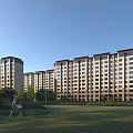 Modern Residential Buildings with Green Lawn Trees and Sculptures Under Blue Sky