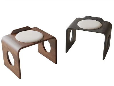 Two Modern Wooden Stools With Circular Cutouts And White Padded Seats 3d model