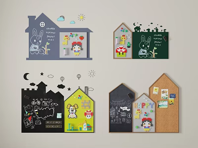 Colorful House Shaped Decorative Boards With Cartoon Rabbit Puppy Stars And Moon For Children's Room 3d model