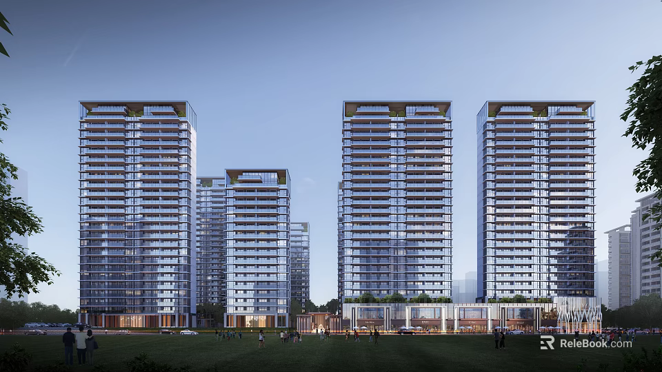 Modern High Rise Residential Buildings With Glass Curtain Walls Surrounded By Green Lawn And People 3d model 