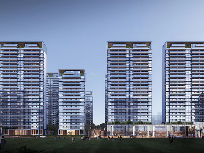 Modern High Rise Residential Buildings With Glass Curtain Walls Surrounded By Green Lawn And People 3d model