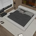Modern Double Bed in Bedroom with Dark Bedding Wooden Floor and Decorative Elements