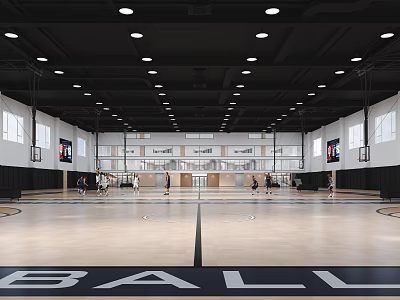Modern Spacious Basketball Gym With Wooden Court Ceiling Lights And Hoops 3d model