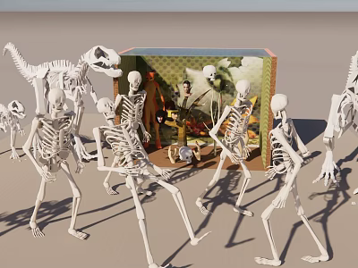 Eerie Skeletons Surround Decorative Box With Halloween Decorations And Spooky Arrangement 3d model