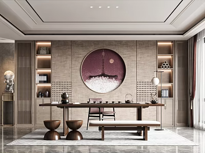 New Chinese Style Tea Room Tea Table and Chair Tea Cabinet Stool Flower Table Tea Set Decorative Cabinet Curtain 3d model