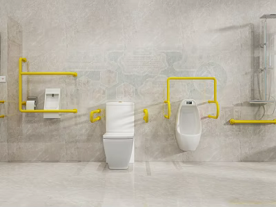 Accessible Bathroom With White Toilet Urinal And Yellow Grab Bars On Tiled Walls 3d model